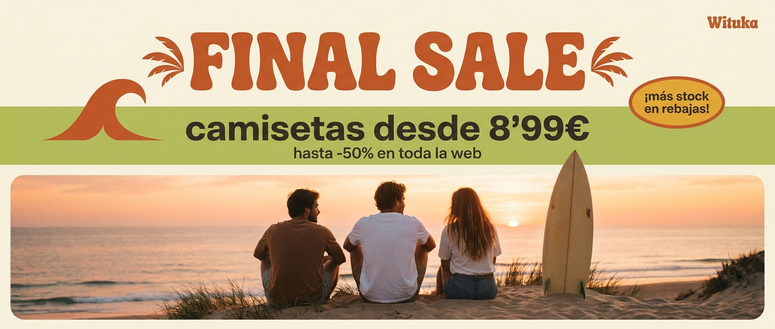 V14 · Retro 70s · Amigos en la duna al atardecer (aguacate & naranja)