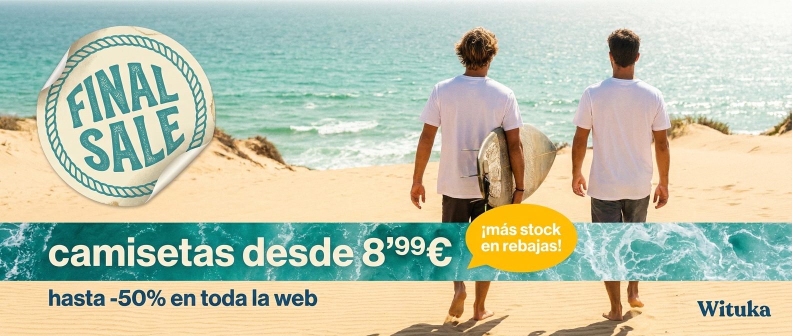 V30 · Sello chiringuito · Duna con tabla (pegatina + franja de olas)