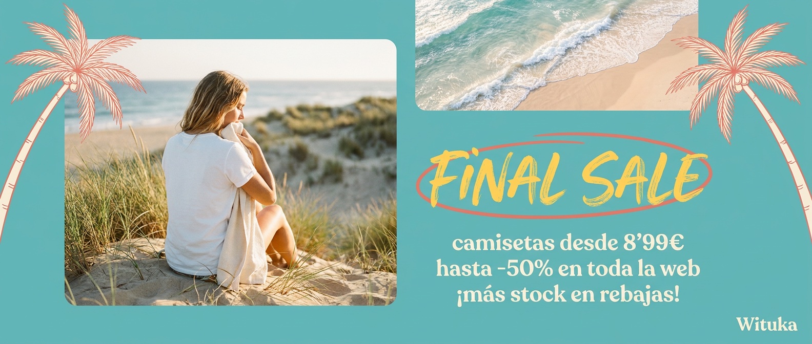 V8 · Teal palmeras · Sentada en la duna secándose (teal + coral)